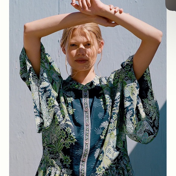 Anthropologie Blue and Green Floral Mini Dress - Picture 2 of 7